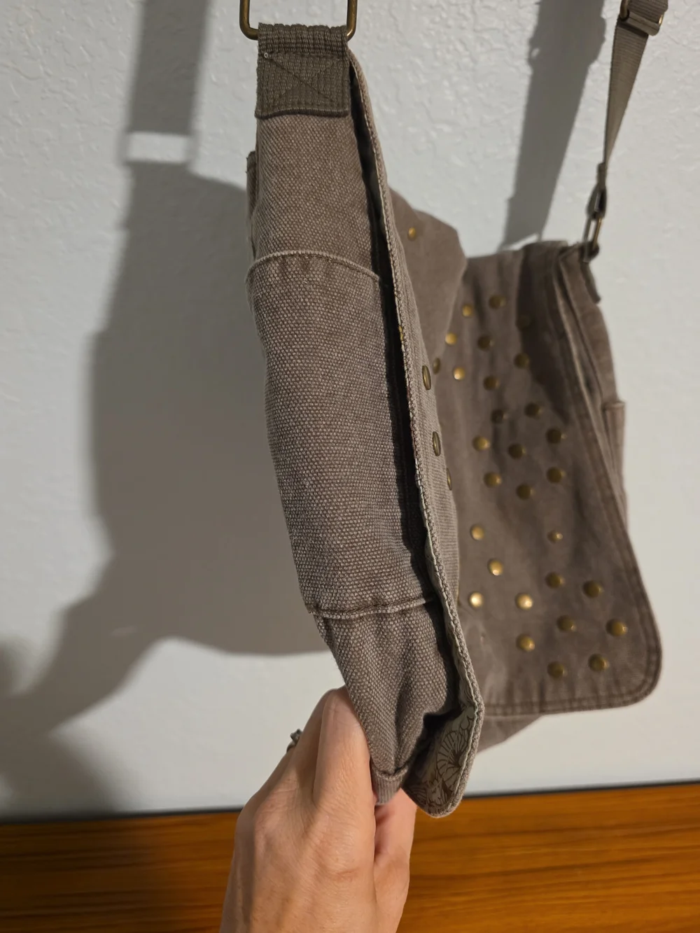 Old Navy Taupe Canvas Messenger Bag with Gold Studs Mushrooms